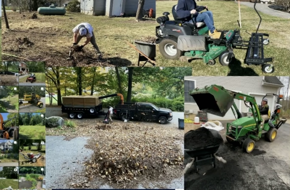 Job photos from the company Bengt Jobe ran: brush clearing, a zero-turn mower, a chipper and dump trailer, a compact tractor moving mulch