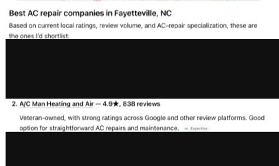 ChatGPT answering “best ac repair companies in Fayetteville, NC” with A/C Man Heating and Air listed second, the competing businesses redacted