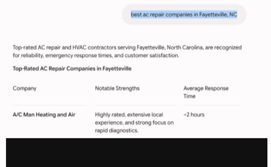Google Gemini answering “best ac repair companies in Fayetteville, NC” with A/C Man Heating and Air listed first, the competing businesses redacted