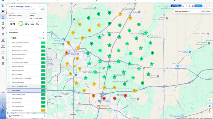 Local Dominator geo-grid for B&W Heating & Cooling, mostly green pins across the Edwardsville service area, average rank 3.22 for hvac repair