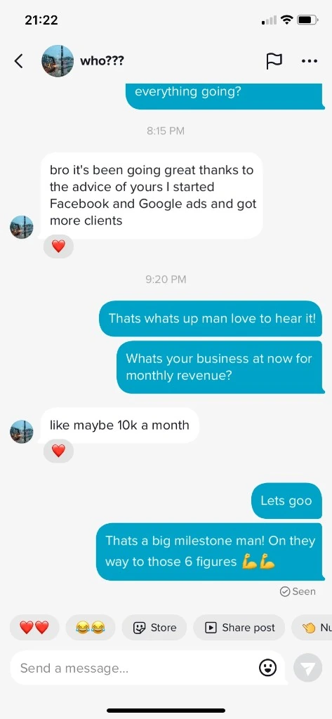 Direct message: I started Facebook and Google ads and got more clients, now at about 10k a month