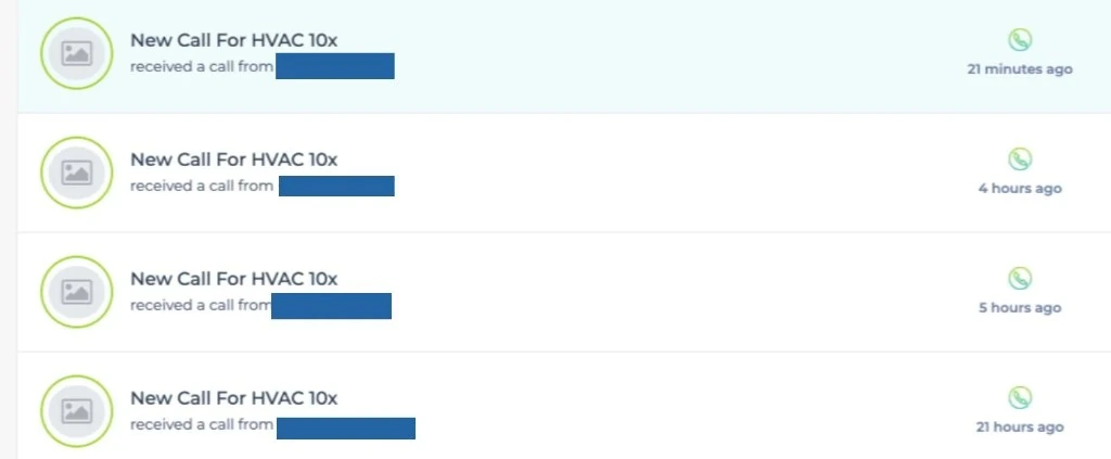 Call tracking log showing four new calls for an HVAC client within a day