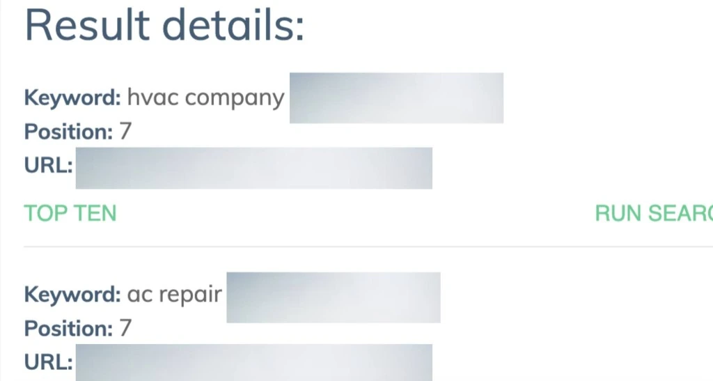 Rank tracker showing an HVAC client at position 7 for hvac company and ac repair
