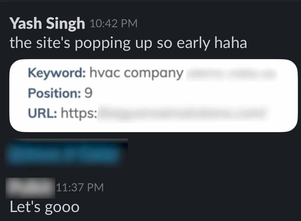 Rank tracker alert showing an HVAC client at position 9 for hvac company, and the client replying, let’s go