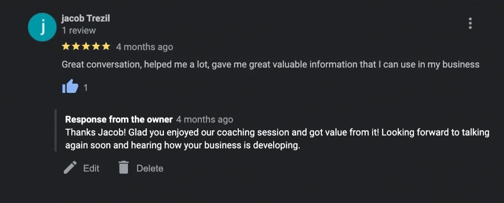 Five-star Google review: great conversation, helped me a lot, gave me valuable information I can use in my business