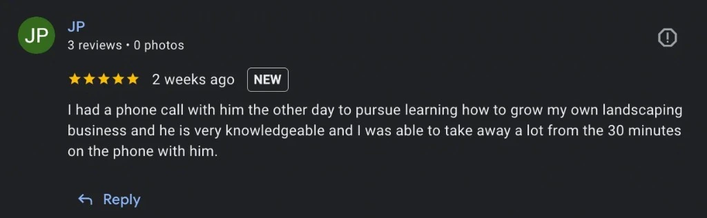 Five-star Google review: very knowledgeable, I was able to take away a lot from 30 minutes on the phone with him