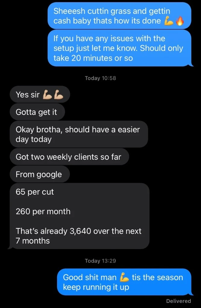 Message reading, got two weekly clients so far from Google, already 3,640 dollars over the next seven months