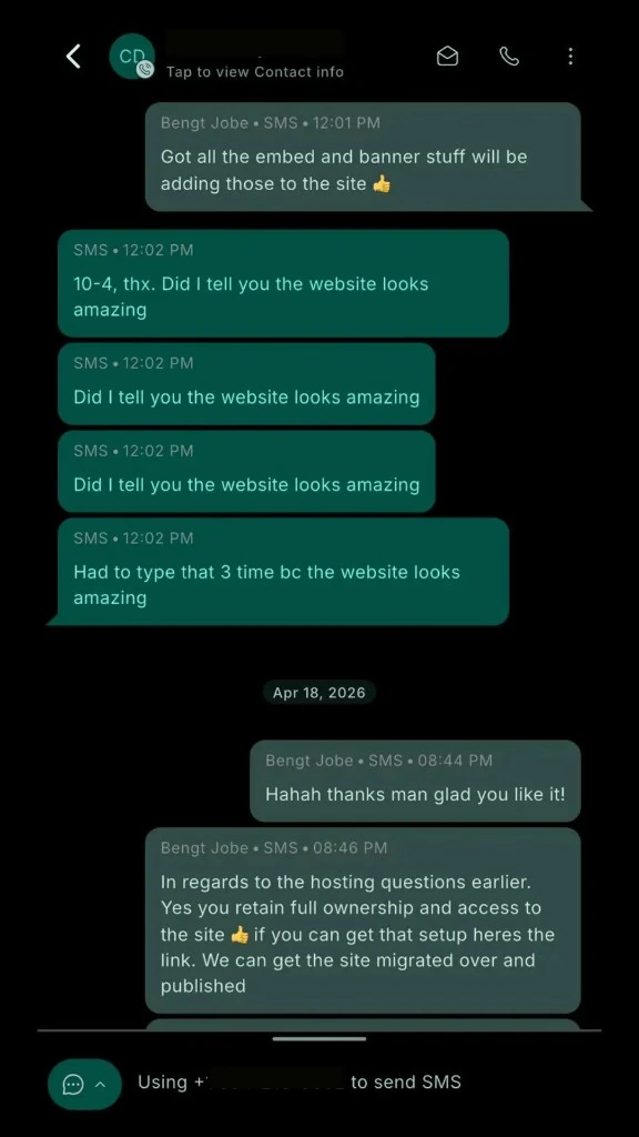 Text thread: the client writes, did I tell you the website looks amazing, three times