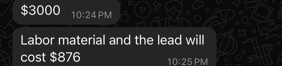 Message discussing a job at 3,000 dollars with 876 dollars of labour and materials